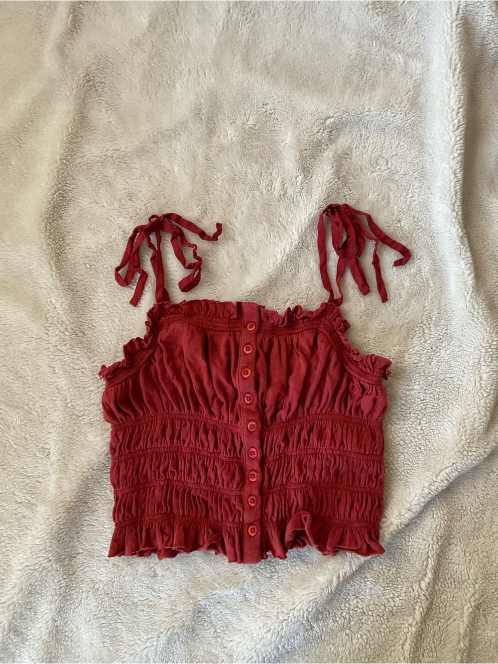 Urban Outfitters Red Smocked Button Crop Top with Tie-Straps